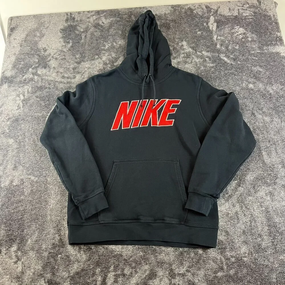 Nike Y2k Embroidered Center Spellout Hoodie Black Red Pullover Men's L